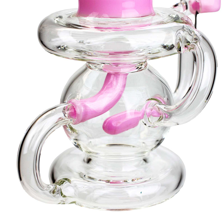 Pink Inline Diffuser Recycler Bong Dab Rig Combo – Close-up of recycler chamber with swirl design
