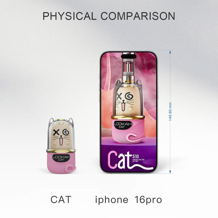 Lookah Cat Portable Vaporizer next to iPhone 16 Pro showing compact size