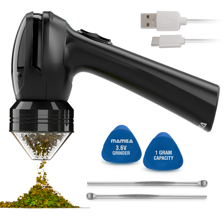 Close-up of the Mamba Electric Weed Grinder showing its 3.6v rechargeable battery detail
