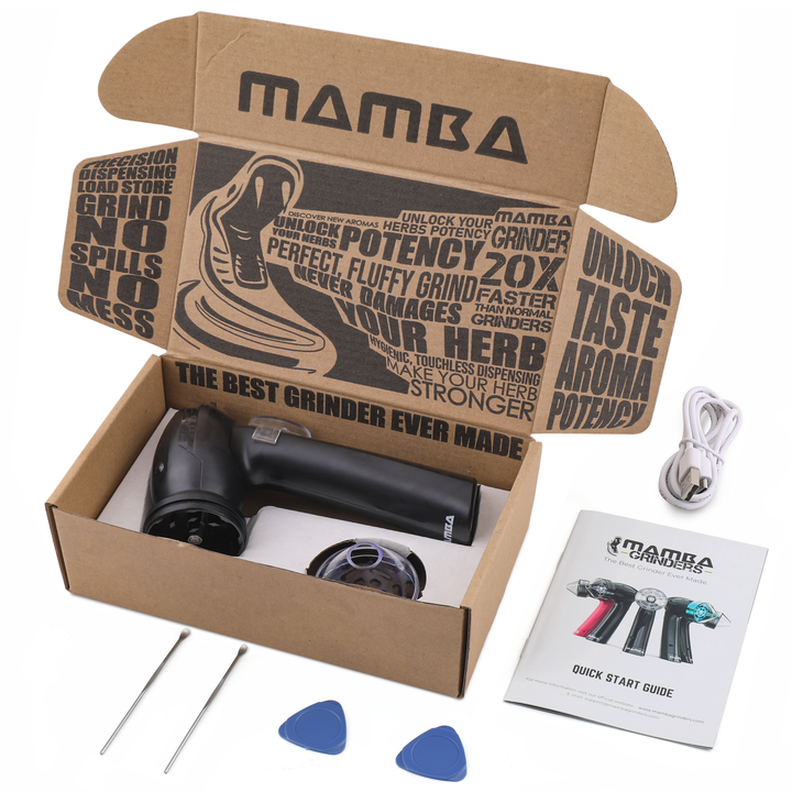 Full retail packaging of the Mamba Electric Weed Grinder with included accessories