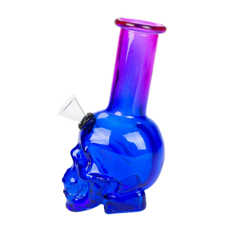 Side view of 6 inch Mini Skull Bong with purple-blue gradient glass
