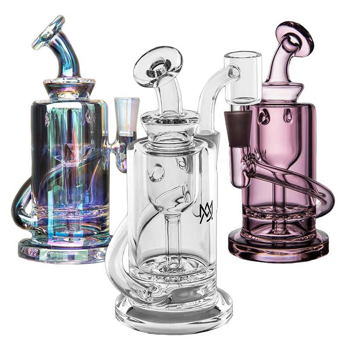 MJ Arsenal Ursa Mini Rig for Dabs in Clear, Iridescent, and Rosewood finishes displayed