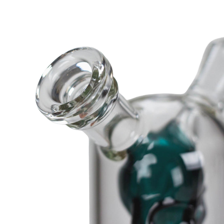 Close-up of mouthpiece of 5 inch Noir Skull Glass Mini Bong