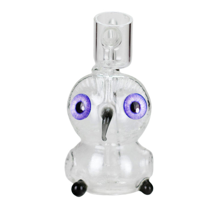 Front view of 4″ Owl Dab Rig showing detailed owl-shaped glass body with colorful eyes