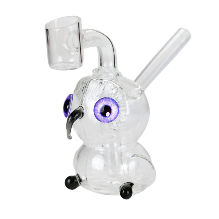 Gray Owl Dab Rig with detailed glass owl body, colorful eyes, and quartz banger