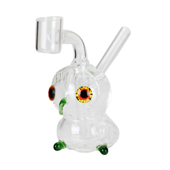 Green Owl Dab Rig with vibrant glass eyes and compact 4″ mini rig design