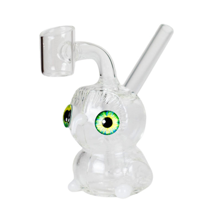 White Owl Dab Rig featuring playful owl design with large eyes and sturdy glass feet
