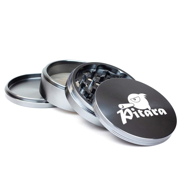Pitara Aluminum 100mm Extra Large Herb Grinder showing 4 parts and 3 chambers for grinding, sifting, and storage