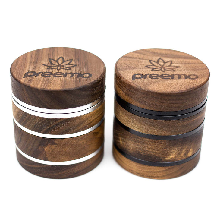 Preemo 2.5" Wooden Herb Grinders – Silver and Black color comparison side by side