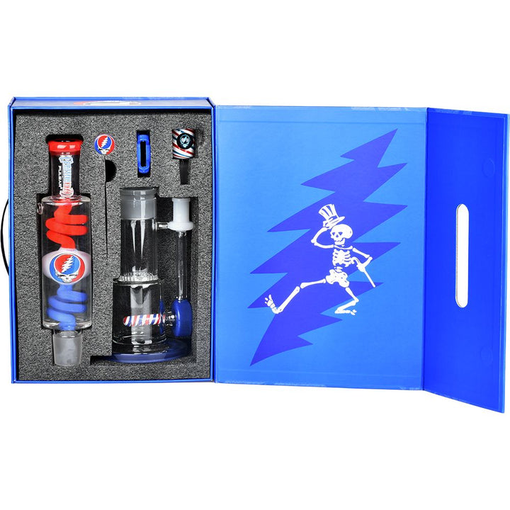 Inside packaging showing all components and protective padding of Pulsar 10 Year Flood Water Bong Kit