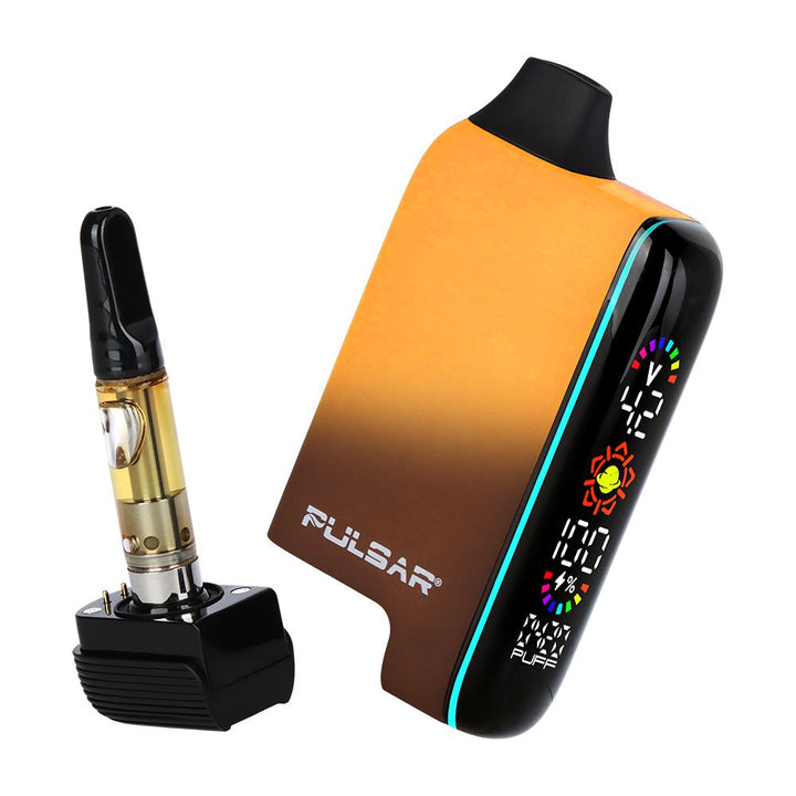 Earthstorm Pulsar 510 DL 5.0 vape bar showing battery and cartridge separated