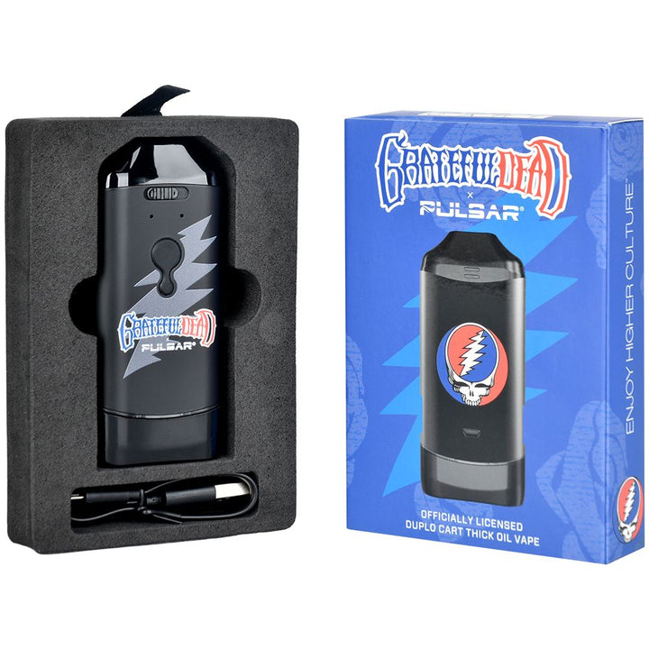 Close-up of Pulsar DuploCart Oil Vaporizer packaging highlighting dual cart slots, protective inserts, and Grateful Dead branding