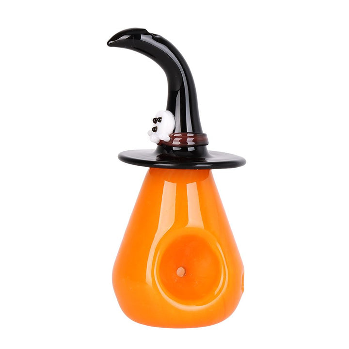 Back view of Pumpkin Witch Halloween Hand Pipe – spooky jack-o’-lantern design in orange and black glass