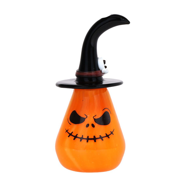 Front view of Pumpkin Witch Halloween Hand Pipe – orange jack-o’-lantern with witch hat glass pipe