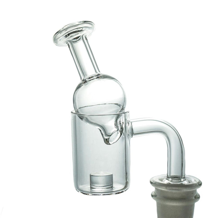 Close-up of quartz banger with core reactor and matching carb cap from Freeze Pipe Klein Recycler Dab Rig
