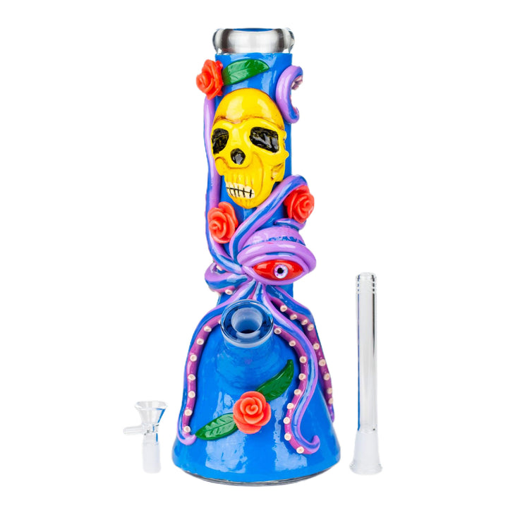 Resin 3D Octopus & Skull Beaker Bong showing all parts including downstem and bowl