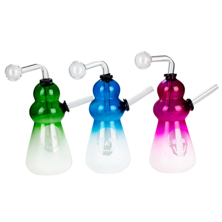 Skull Glass Oil Burner Pipe assorted colors with gradient finish and etched skull