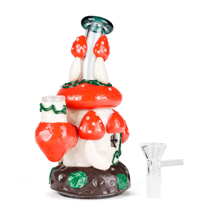 Shroomhaus Mini Mushroom Water Bong in Red, side view showing bent neck, mushroom decoration, and glass bowl