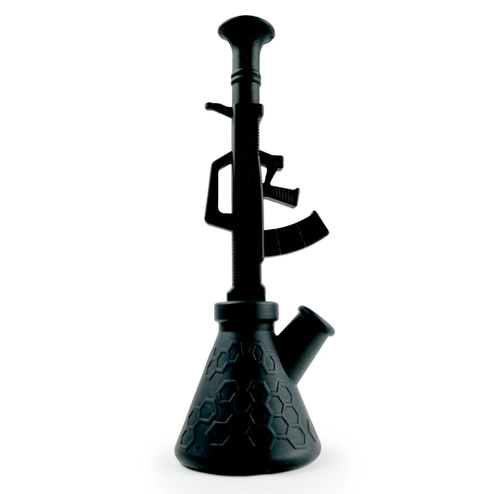 Side view of Black Silicone AK-47 Bong showing rifle stock and handle