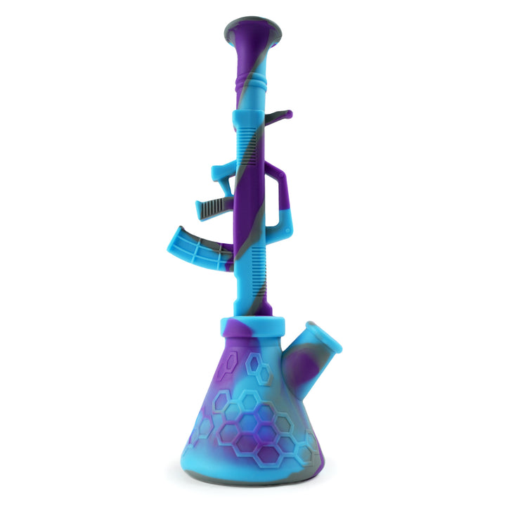 Side view of Blue Purple Grey Silicone AK-47 Bong