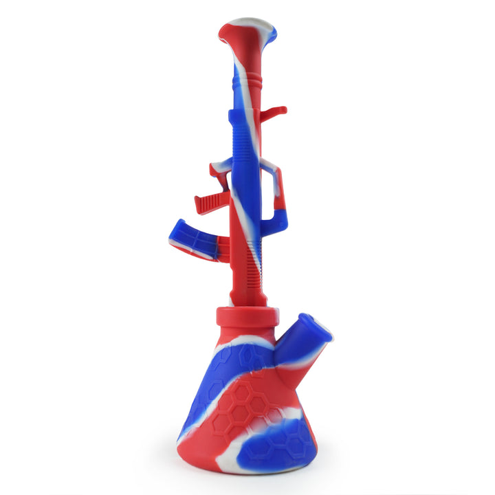 Side view of Red Blue White Silicone AK-47 Bong