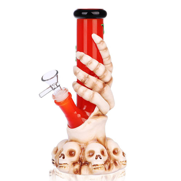 Skelly Grip & Bats Skull Straight Tube Bong with skeleton hand and bat design