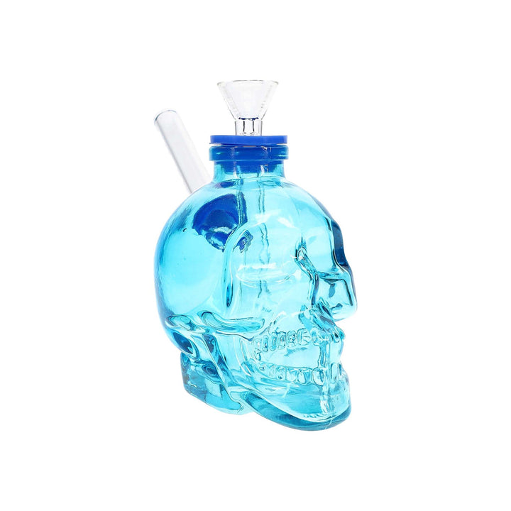 Small Glass Skull Water Bong in Blue – pocket-sized skull water bong with matching glass bowl