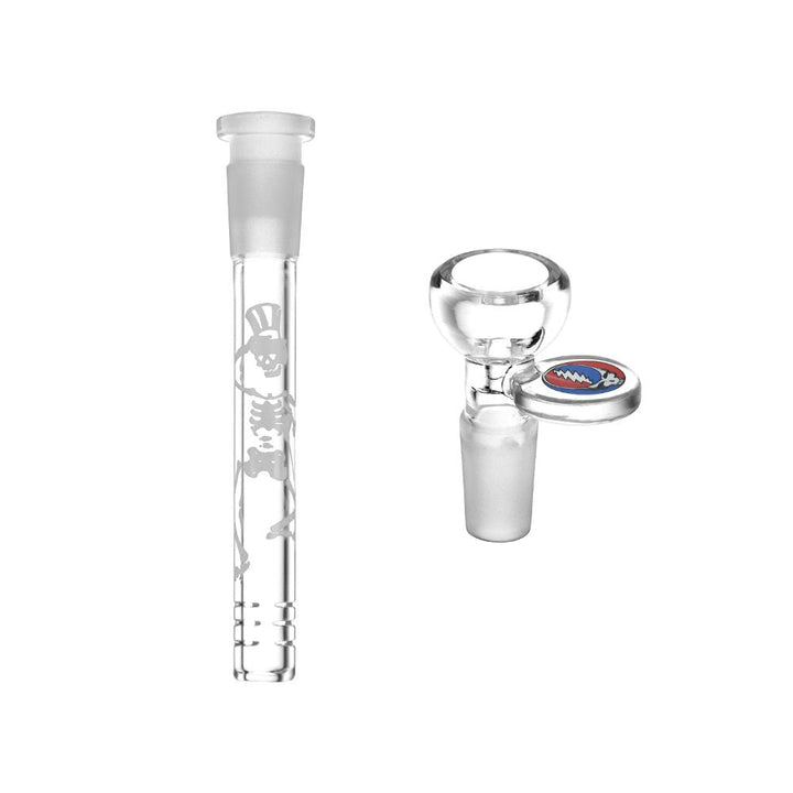 Close-up of Space Your Face Straight Tube Water Bong downstem and glass bowl, showing removable parts for easy cleaning