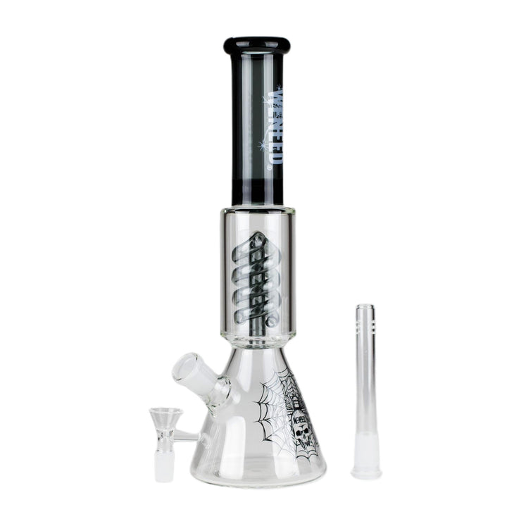 All components of Spiral Beaker Bong 12" including removable downstem, bowl, and spiral diffuser
