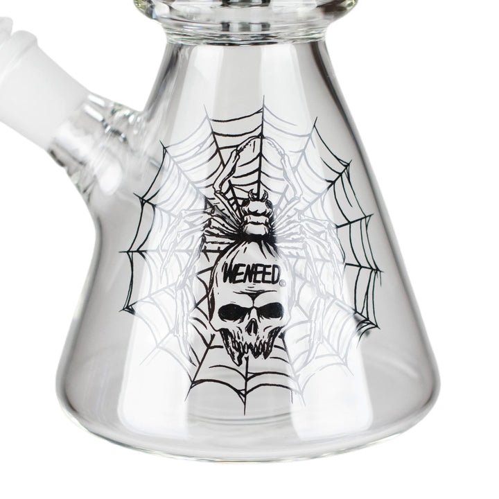 Base of Spiral Beaker Bong 12" featuring spider-web skull artwork and wide beaker stability