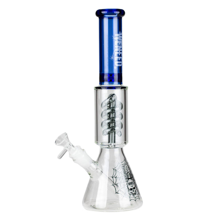 Spiral Beaker Bong 12" in blue variant highlighting spiral core and spider skull design