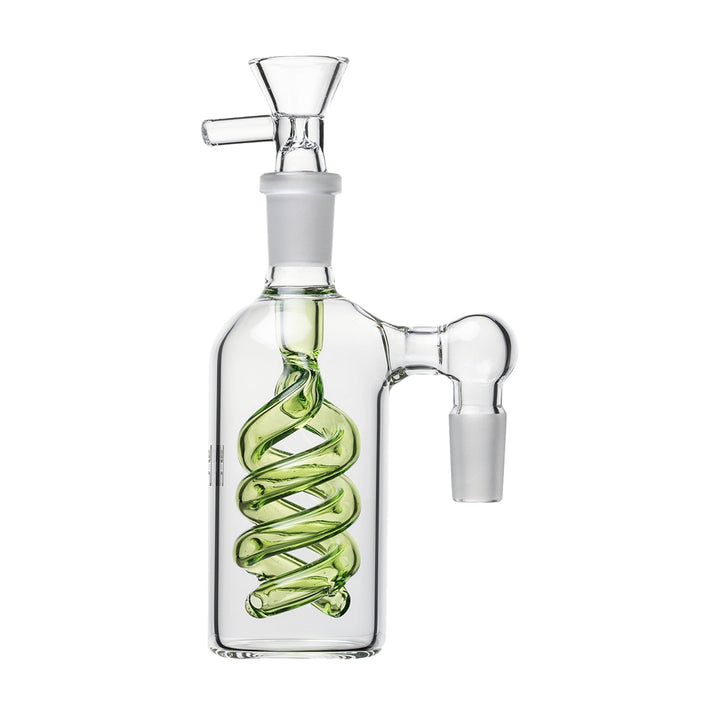 Spiral Perc Ash Catcher in matrix green color, 90-degree view