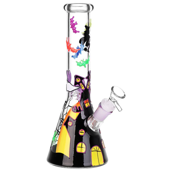 Front view of Spooky Haunted House Beaker Water Pipe with detailed haunted house design