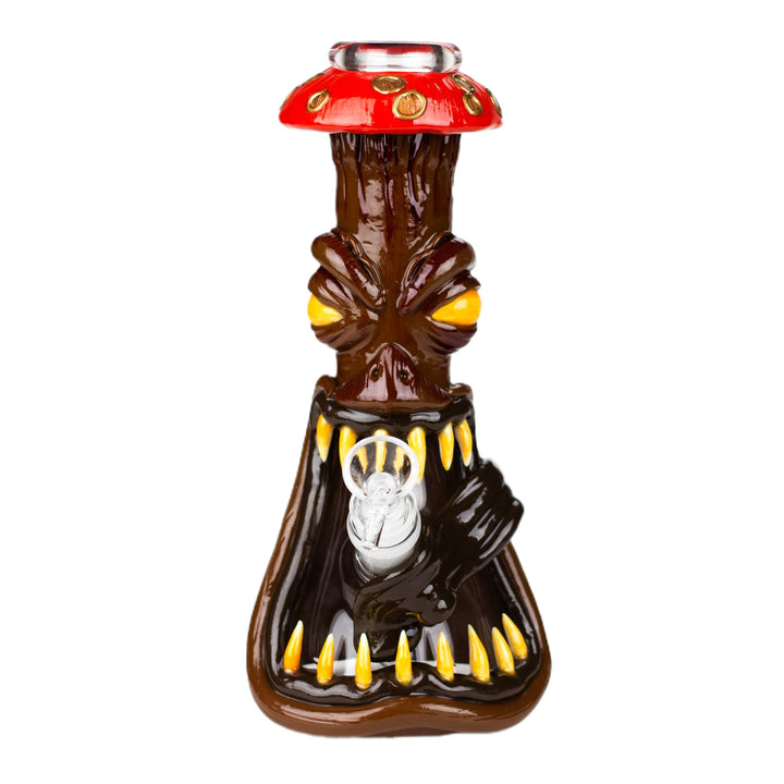 Front view of Mushroom Beaker Bong with bulging monster eyes, jagged teeth, and resin 3D artwork