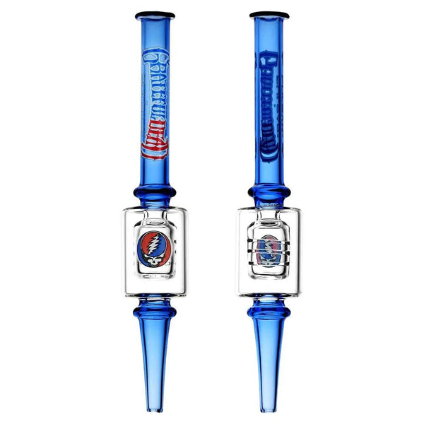 Front and back comparison of Steal Your Face Dabs Straw with Grateful Dead decal and Pulsar logo