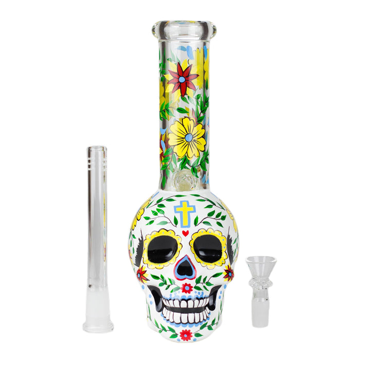 3-piece Sugar Skull Glass Bong set with bowl, downstem, and bong body