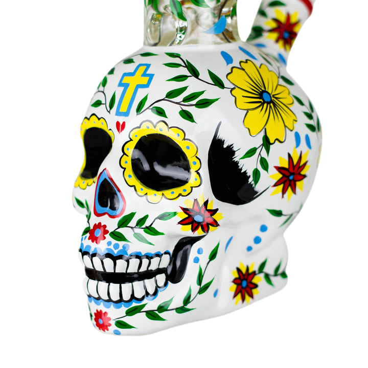 Close-up of Sugar Skull Bong glass base with detailed skull artwork