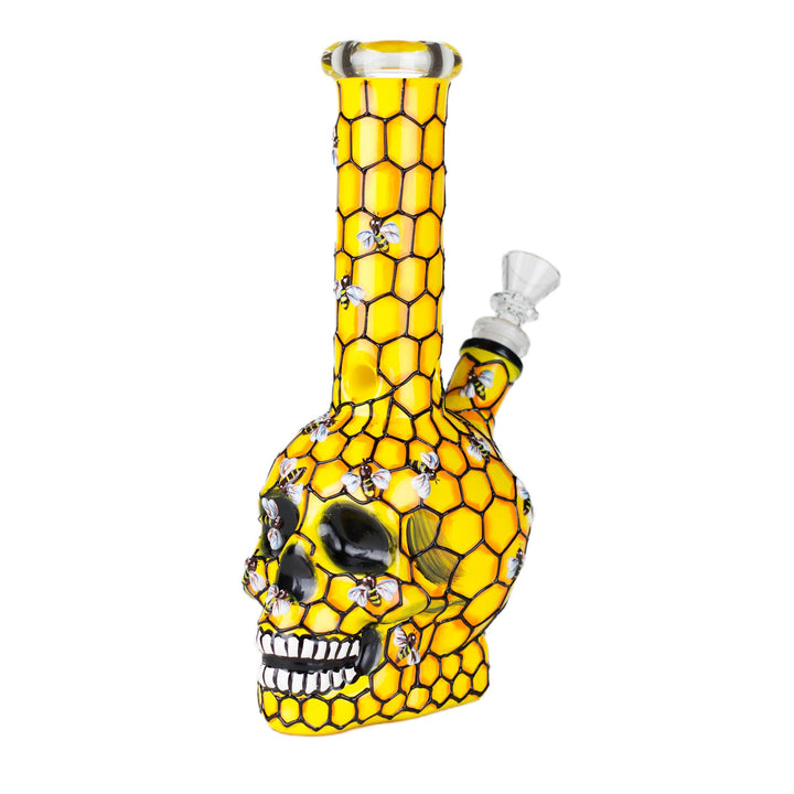 Sugar Skull Glass Bong with yellow beehive design pattern