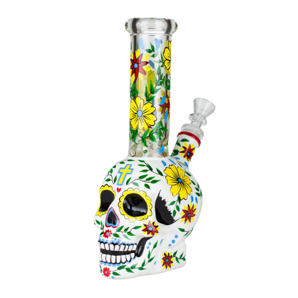 Sugar Skull Glass Bong with colorful flower design pattern - pilotdiary