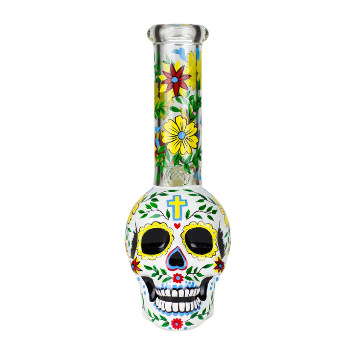 Front view of 9 inch Sugar Skull Glass Bong with bold skull design