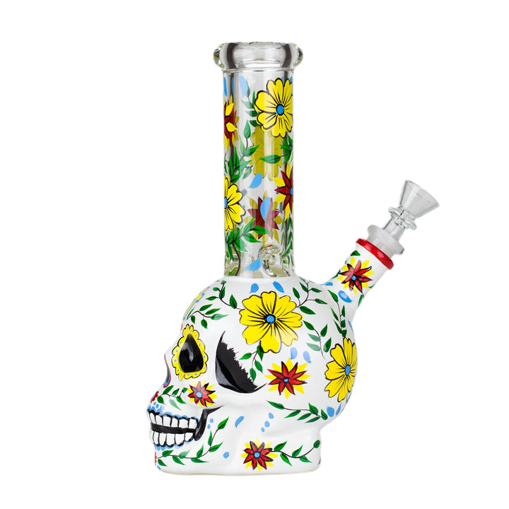 Side angle of Sugar Skull Glass Bong showing 5mm thick glass and tube