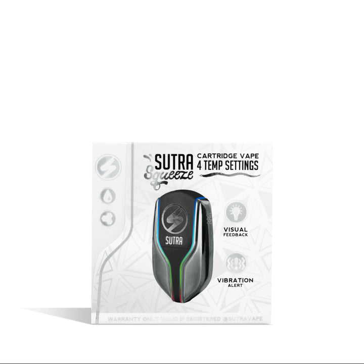 Sutra Vape Squeeze Cartridge Vaporizer in silver – packaging box display