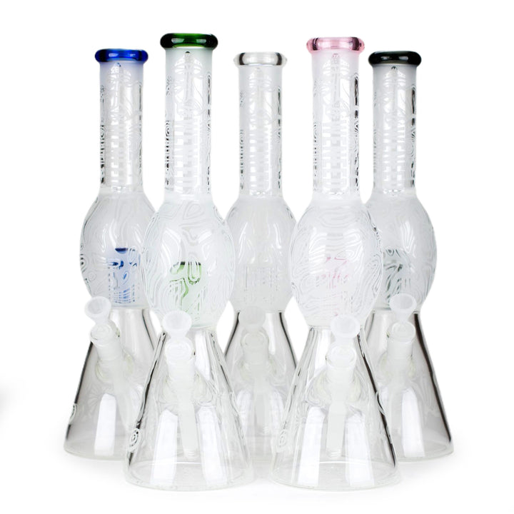Tall Mushroom Forest Bong displayed in all colors: blue, clear, green, pink, and transparent black