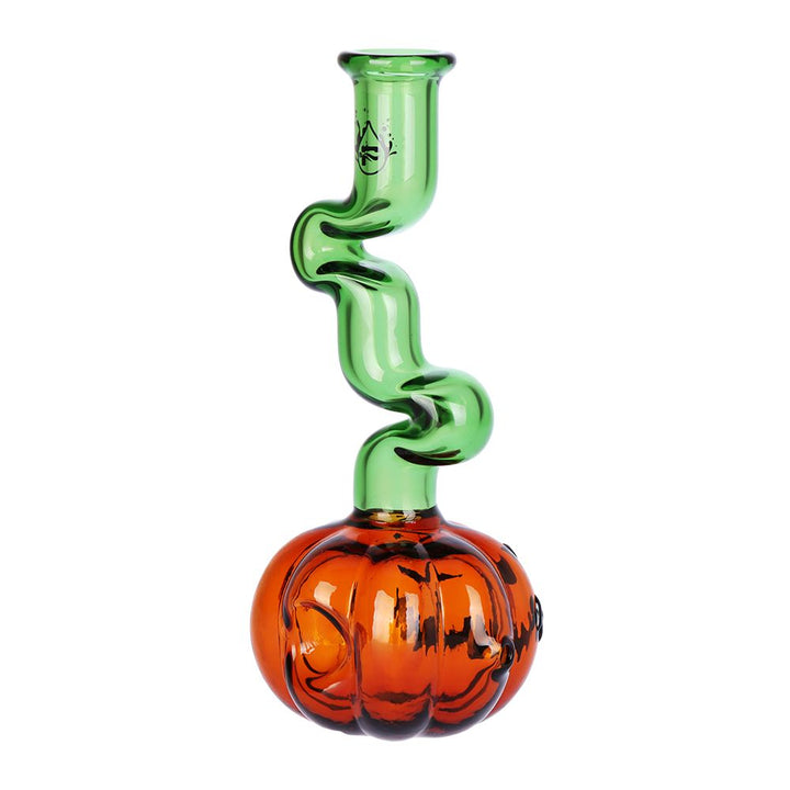 Back view of Twisty & Wicked Jack-O-Lantern Weed Pipe displaying twisted glass details and Halloween-themed design