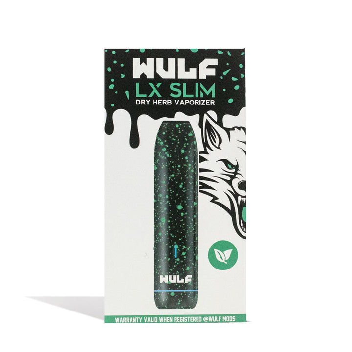 Wulf Mods LX Slim Dry Herb Vaporizer Black-Green Spatter with packaging