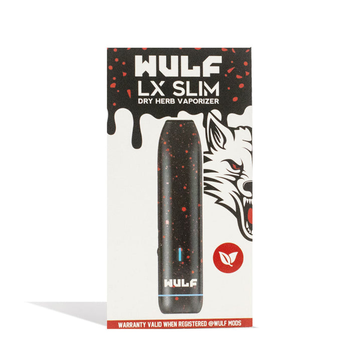 Wulf Mods LX Slim Dry Herb Vaporizer Black-Red Spatter with packaging