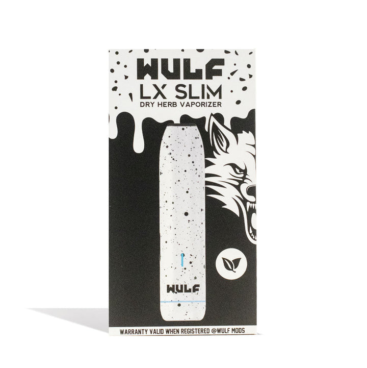 Wulf Mods LX Slim Dry Herb Vaporizer White-Black Spatter with packaging