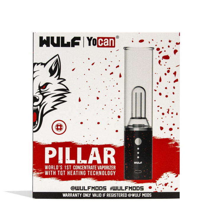 Packaging for Wulf Mods Pillar Mini Dab Rig Black-Red Spatter