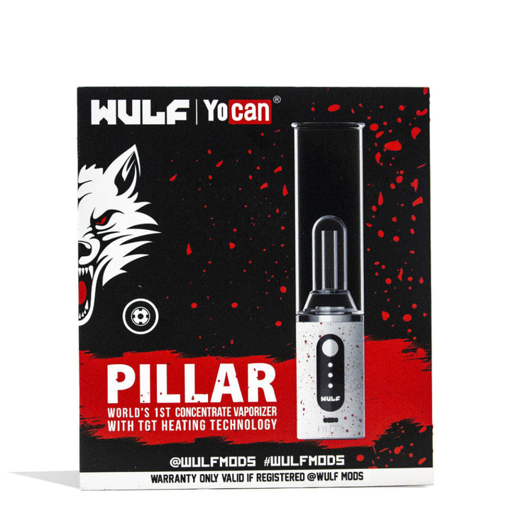 Packaging for Wulf Mods Pillar Mini Dab Rig White-Red Spatter