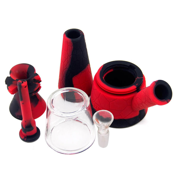 Black and red Fountain Silicone and Glass Bong with all parts displayed